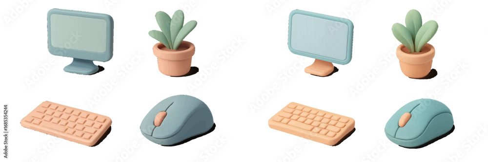 Poster modern computer setup with potted plant and ergonomic peripherals. modern 3d icon set