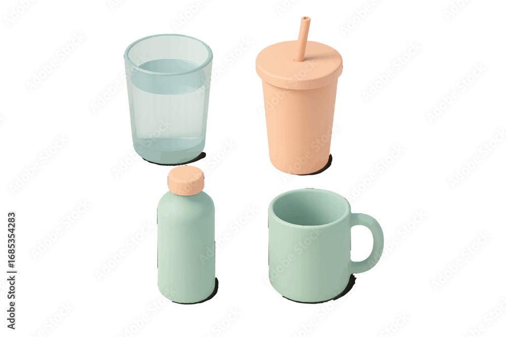 Poster pastel drinkware and containers on a soft gradient background. modern 3d icon set
