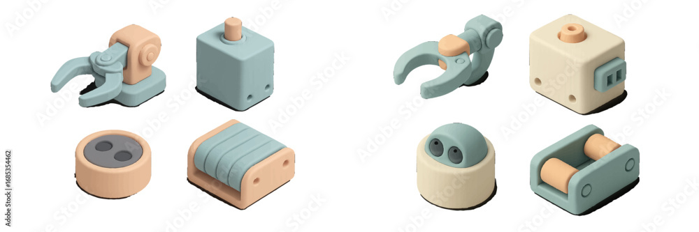 Aufkleber abstract geometric shapes with robotic and mechanical elements in isometric view. modern 3d icon set