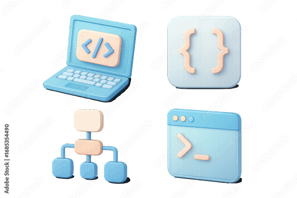 Aufkleber coding and programming icons: laptop, brackets, flowchart, command line. modern 3d icon set
