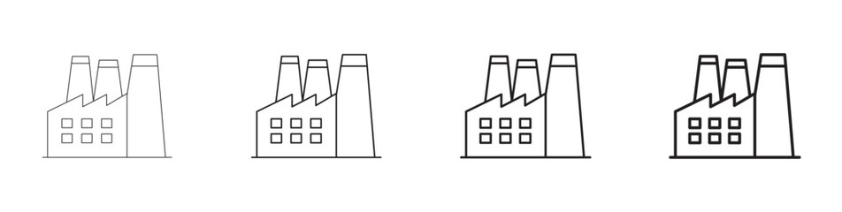 Vector illustration of factory icons with different line styles. Editable outline industrial plant symbols for industry, engineering, and production projects