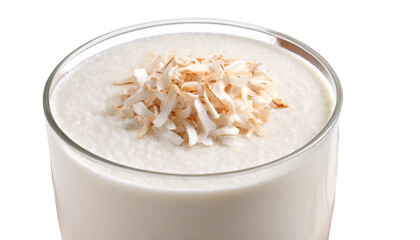Coconut Drink Delight: A refreshing coconut drink with a sprinkling of toasted coconut flakes, inviting a taste of tropical refreshment.