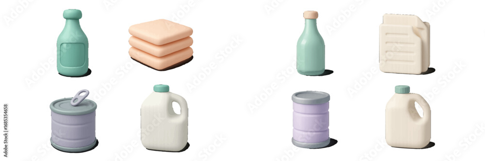 Poster stylized containers and objects with soft rounded edges and pastel colors. modern 3d icon set