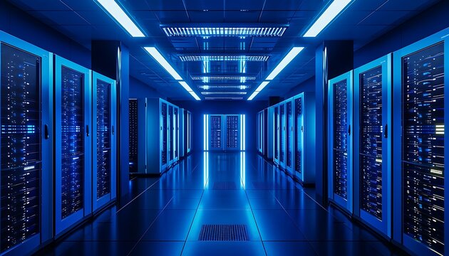 A long corridor of brightly lit server racks in a modern data center.