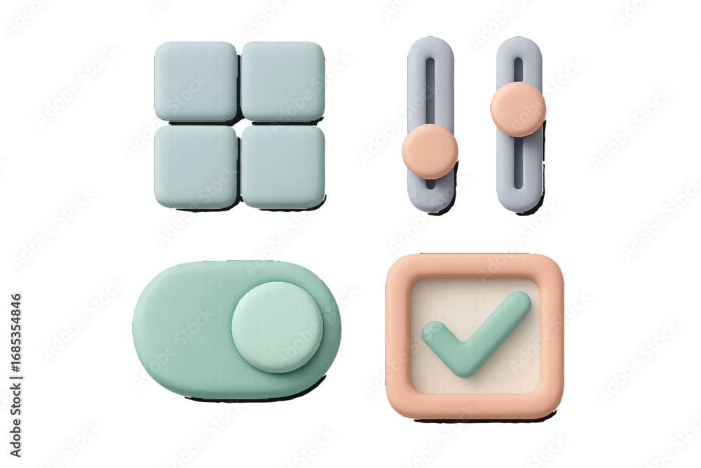 Poster modern ui elements toggle switch sliders checkboxes grid layout icons. modern 3d icon set