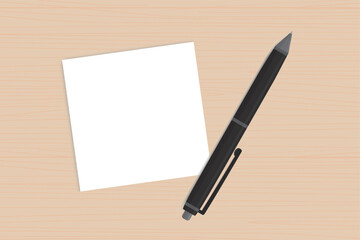 WhiteWhite paper, note sheet and black pen on wooden table. Pen with stack of sticky notes, top view. Copy space for writing message using as memo, text, reminder or record idea.