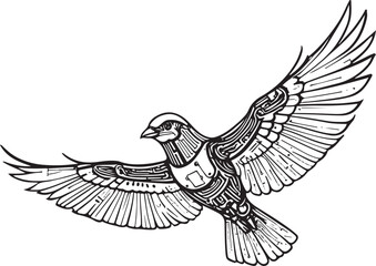 Obraz premium Black ink illustration of a bird with intricate mechanical details in flight wings
