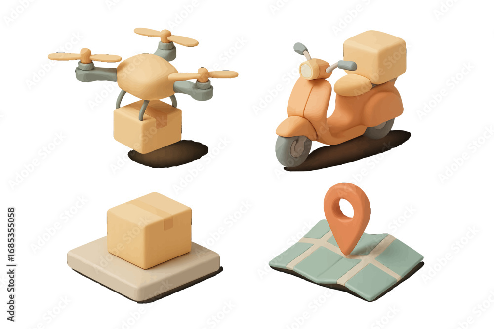 Poster drone and scooter delivery services with package and map pin. modern 3d icon set