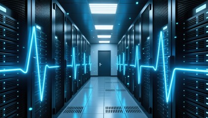 Data Center Interior with Neon Heartbeat Technology and Innovation