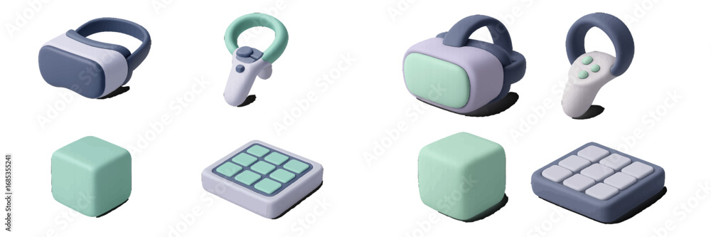 Poster vr headset and interactive pads and cubes in minimalist 3d isometric style. modern 3d icon set
