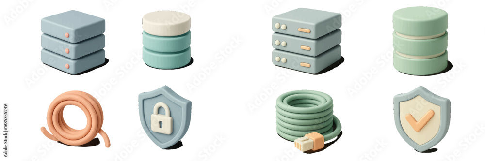 Aufkleber server rack and network cable icons with security shield and checkmark for data protection. modern 3