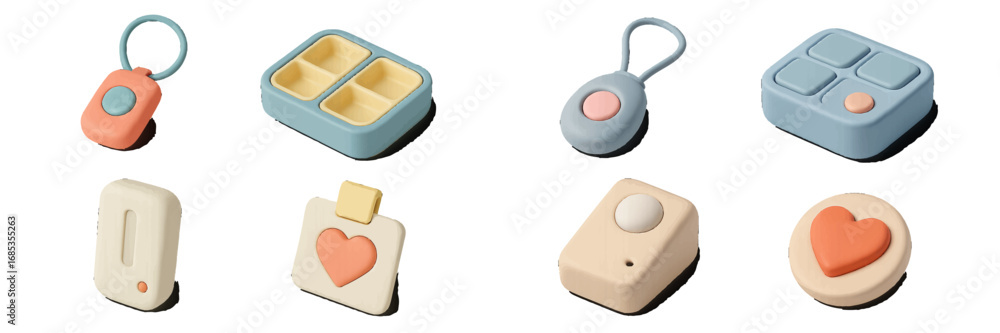 Poster colorful rounded objects with buttons and shapes on black background. modern 3d icon set
