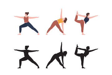 Set of slim sporty young woman doing yoga and fitness. Healthy lifestyle. Collection of female characters demonstrating yoga positions isolated on white background.
