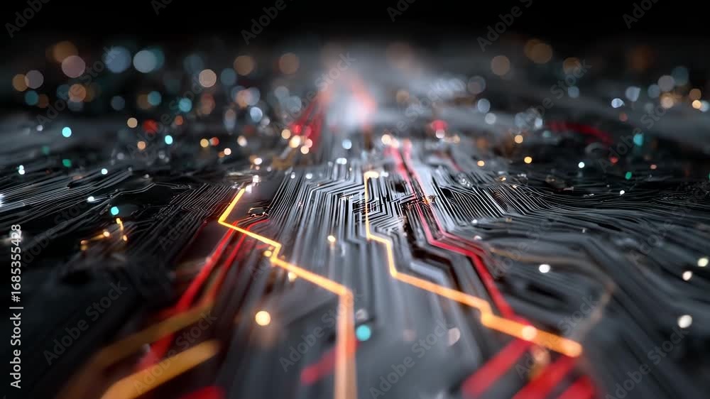 Poster futuristic circuit board with bright lights and streaming data flow