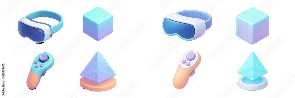 Aufkleber vr headset and game controller with geometric shapes in isometric view. modern 3d icon set