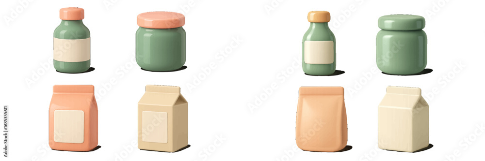 Poster stylized packaging containers with blank labels for branding and product placement. modern 3d icon s