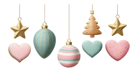 Decorative Christmas Ornaments in Various Shapes and Colors Isolated on Transparent Background