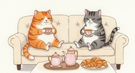 Two cats relaxing on sofa sipping tea with croissant tray cozy chic cafe in a watercolor style illustration