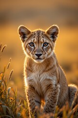 Obraz premium Young lion cub with amber eyes sits in tall grass during golden hour big cat