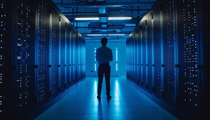 A solitary figure stands in a vast, illuminated server room, filled with rows of computer equipment.