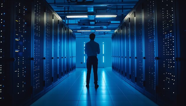 A solitary figure stands in a vast, illuminated server room, filled with rows of computer equipment.