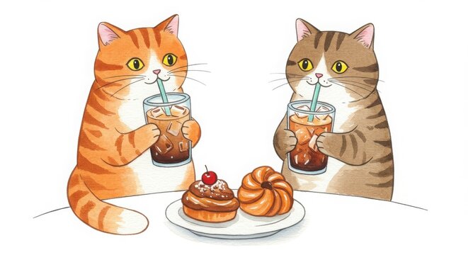 Two cats drinking iced coffee together with pastry plate cozy modern cafe in a watercolor style illustration