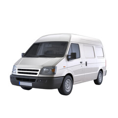 A 3D rendered image of a white commercial delivery van positioned on a gray tiled floor against on a transparent background.  