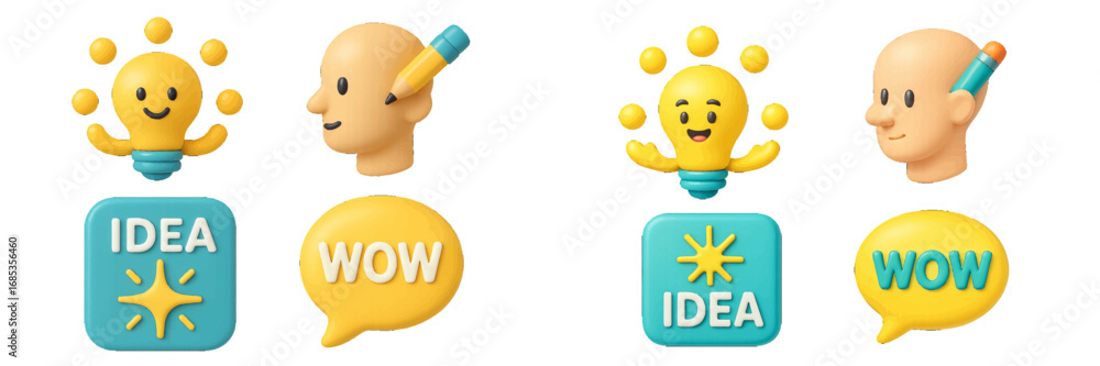 Poster creative thinking and idea generation with lightbulb and speech bubbles. modern 3d icon set