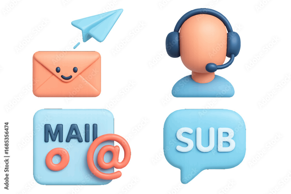 Poster customer service and communication icons with email and subscription symbols. modern 3d icon set