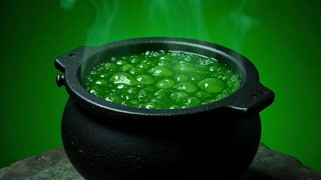 Bubbling green potion simmers in a black cauldron emitting mystical steam, perfect for Halloween or fantasy themes.