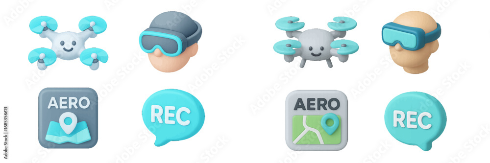 Aufkleber drone and vr headset with map and record icons. modern 3d icon set
