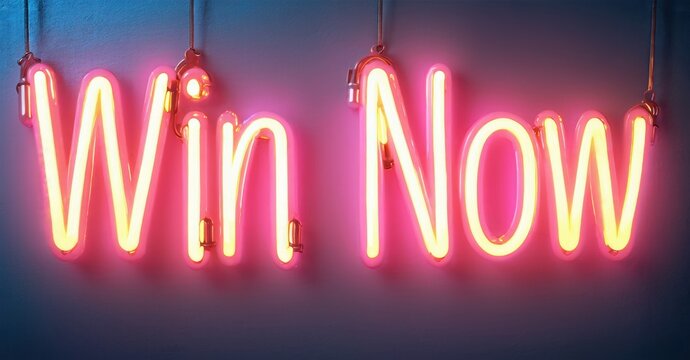Bright neon sign displays words Win Now. Pink, yellow glow contrasts dark background. Simple message, bold presentation.