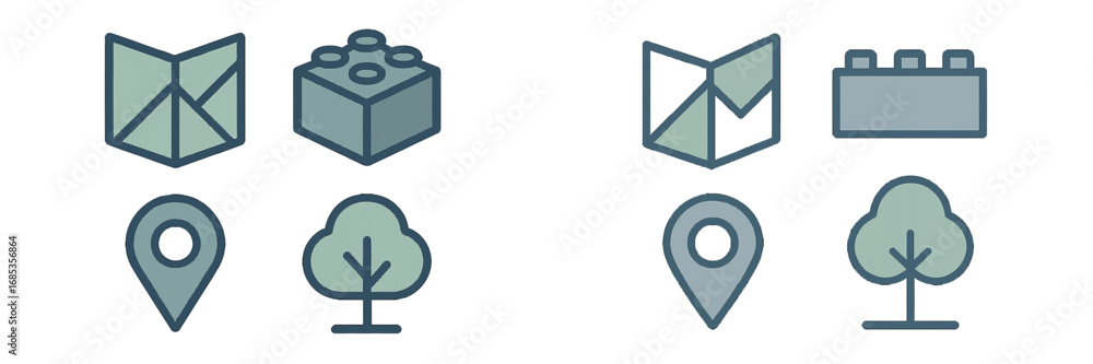 Poster minimalist icons for map, building blocks, location pin, and tree. modern 3d icon set