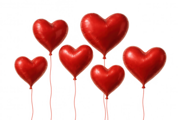 Red heart shaped balloons floating on transparent background