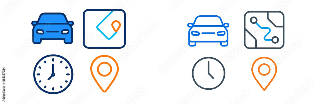 Poster car navigation icons with map and location pin for travel planning. modern 3d icon set