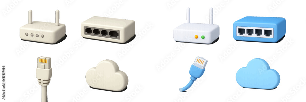 Poster network router and cloud computing icons with ethernet cables. modern 3d icon set
