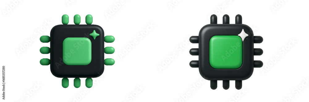 Aufkleber computer processor chip with green central core and star accent. modern 3d icon set