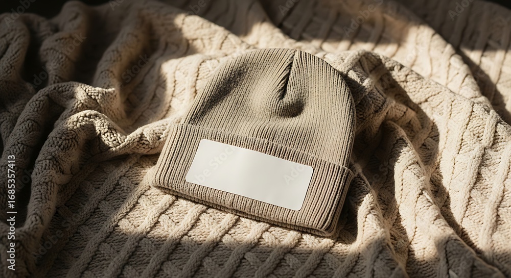 Aufkleber Beige knitted beanie with blank label rests on a textured creamcolored blanket in soft sunlight, creating a cozy and inviting scene.