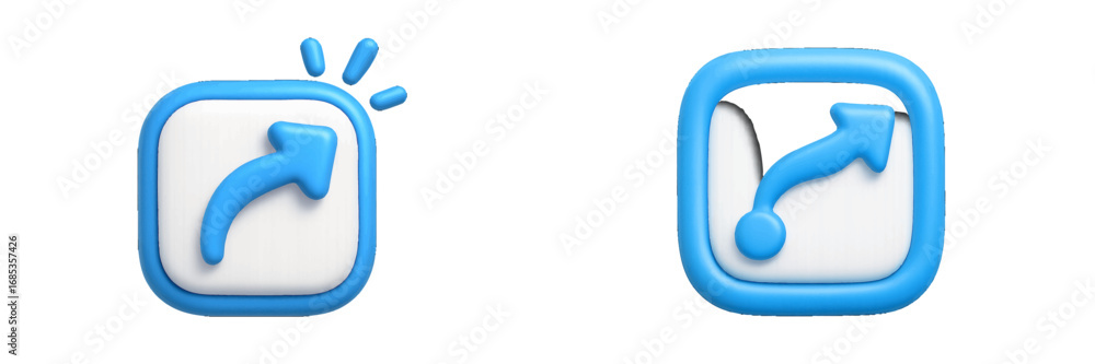 Poster blue arrow icon in rounded frame with radiating lines. modern 3d icon set