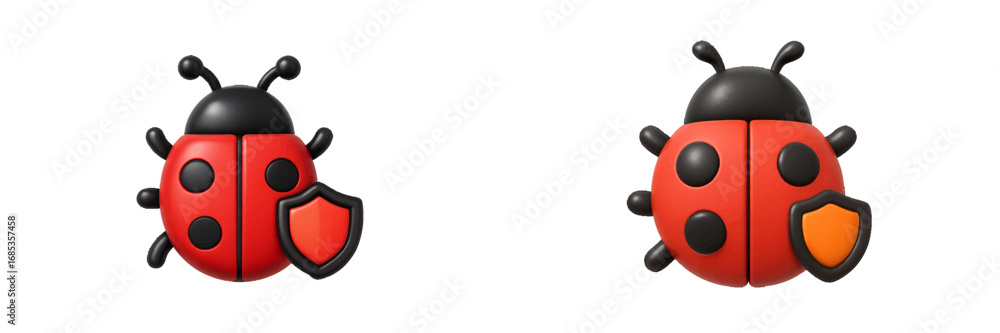 Poster ladybug character with shield, symbolizing digital protection and security. modern 3d icon set