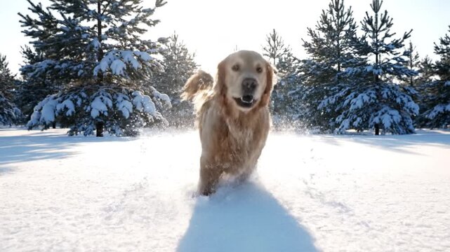 Golden retriever snow running winter forest playful energetic sunlight outdoor pet dashes through deep white snow sunlit winter forest radiating joy and excitement, creating joyful and energetic scene