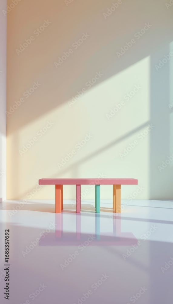 Poster minimalist bench with colorful legs on a white surface with soft shadows and light patterns