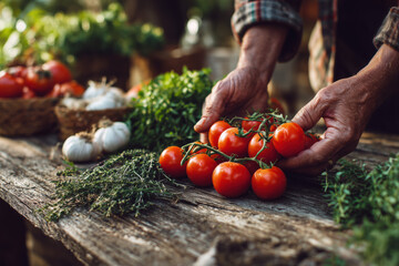 close-up of hands picking ripe tomatoes from a market stall, rustic wooden table