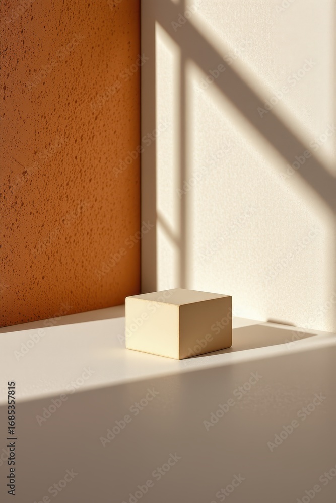 Poster minimalist scene with a geometric cube on a light surface with textured orange wall and window shado