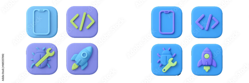 Poster software development icons: mobile app, code, bug fix, rocket launch. modern 3d icon set
