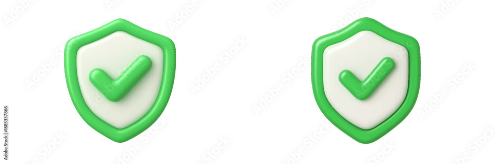 Poster green shield with checkmark symbol for security and protection. modern 3d icon set
