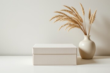 Minimalist scene with a textured white box and dried grass in a beige vase