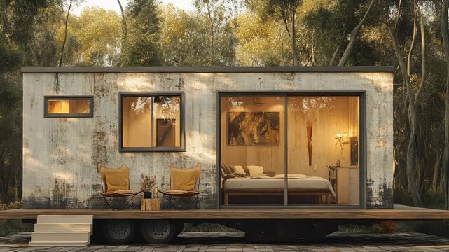 Tiny house illuminating a forest glade at golden hour