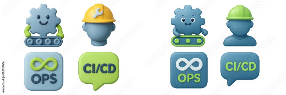 Aufkleber devops automation and integration symbols with abstract characters. modern 3d icon set