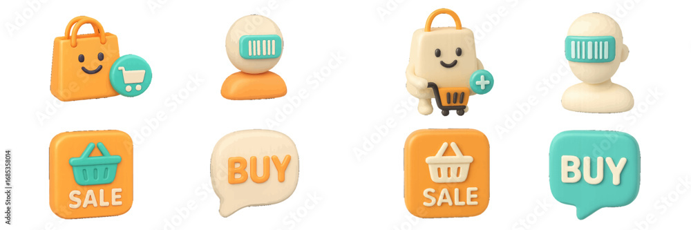 Poster shopping cart icons with sale buttons and user avatars. modern 3d icon set